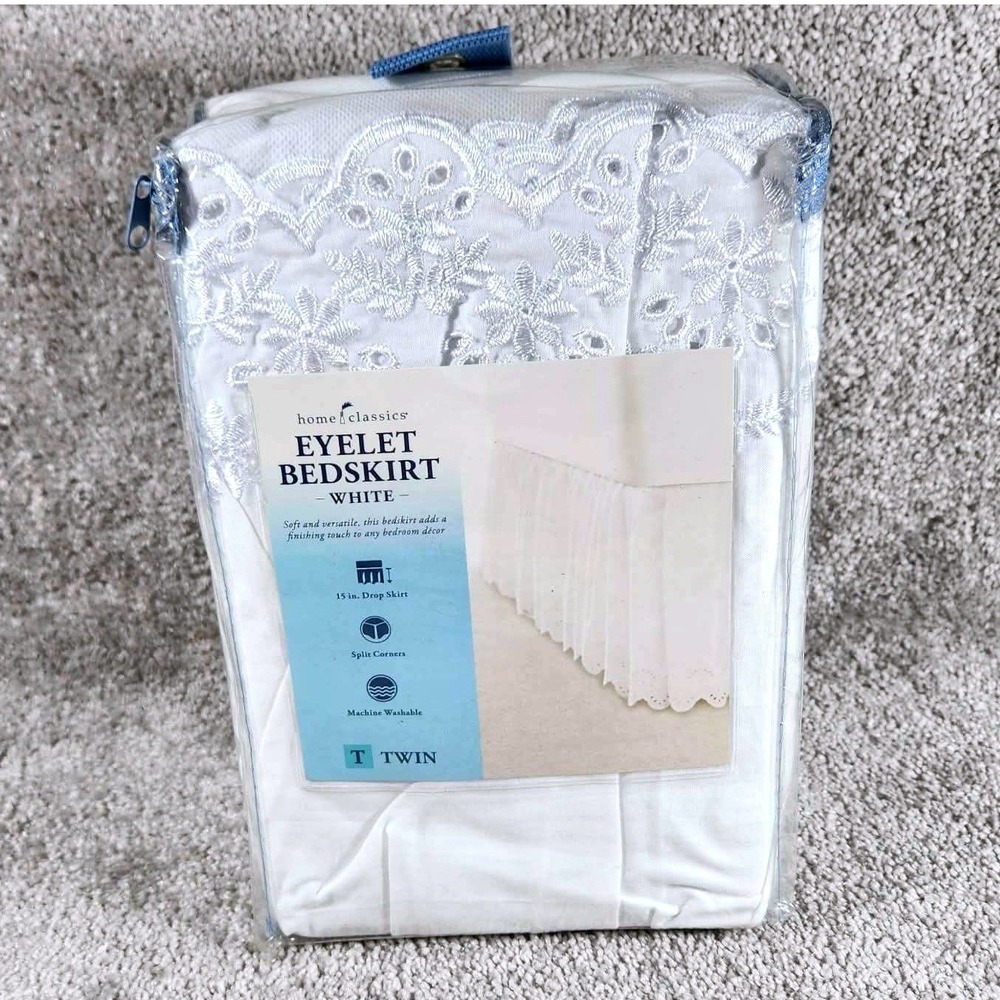 Home Classics Eyelet Bedskirt White 15in Drop Split Corners Twin Size NEW